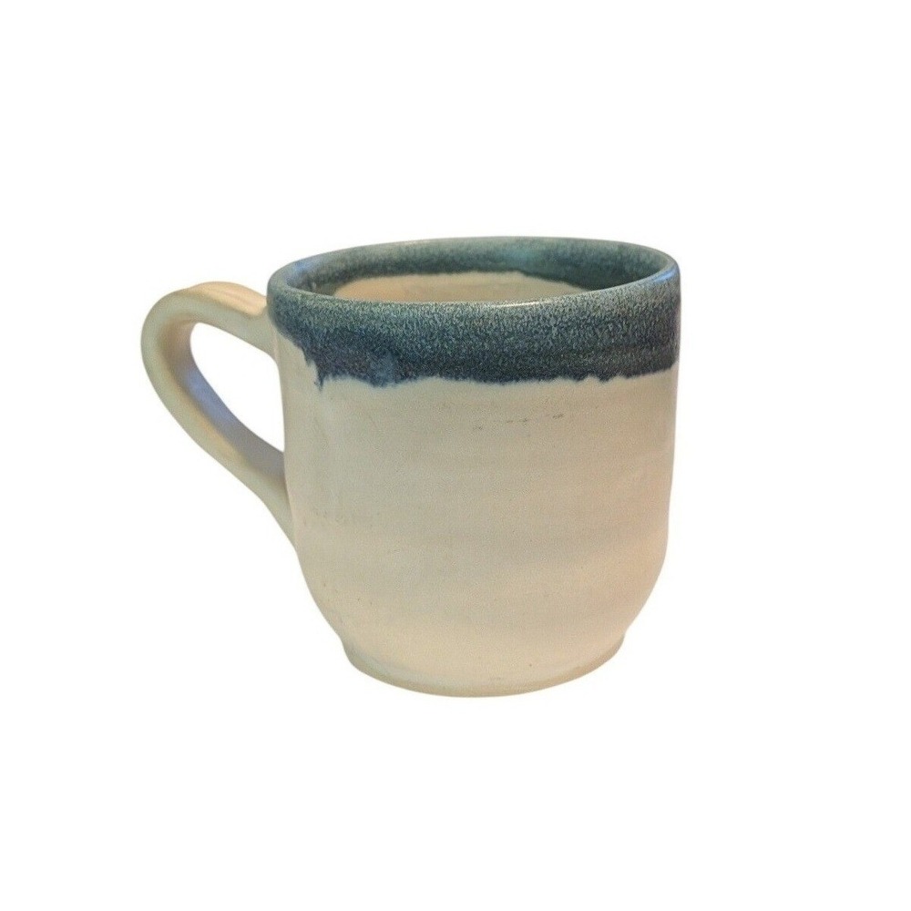 Handmade‎ Studio Pottery Mug Cream Blue Glazed Rim Signed TL Artisanal Stoneware